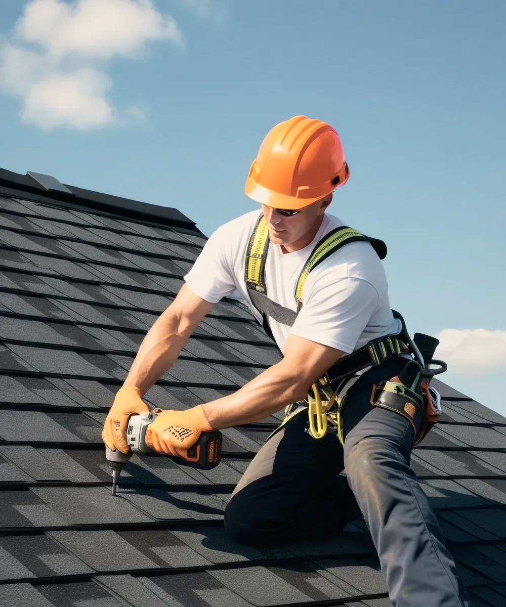 A roofer in an orange helmet drilling a tile.