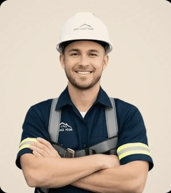 A roofer in a white helmet, smiling.