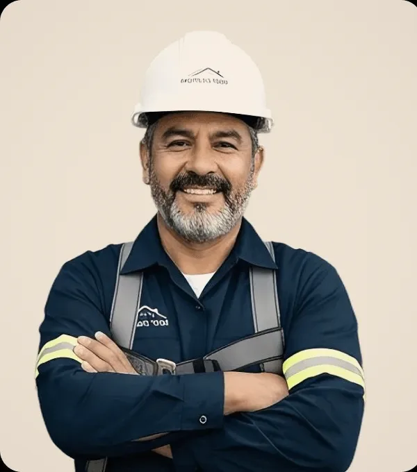 A grey-bearded roofer in a white helmet.