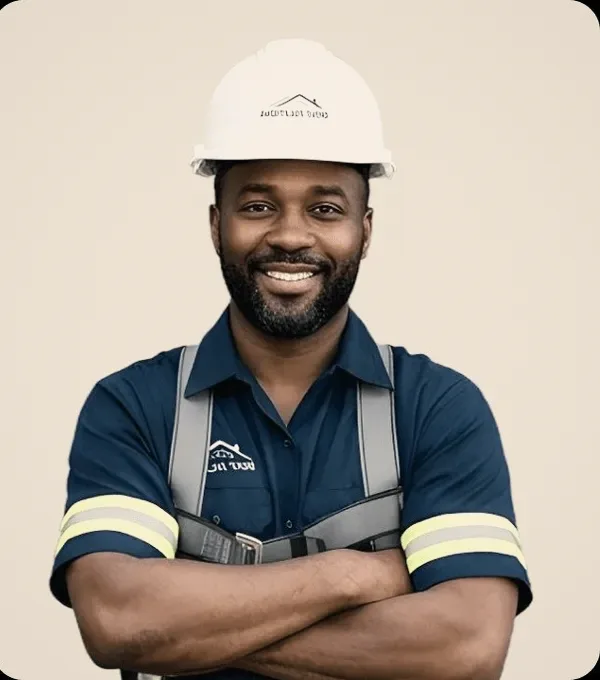 A roofer in a white helmet and hi-vis straps.