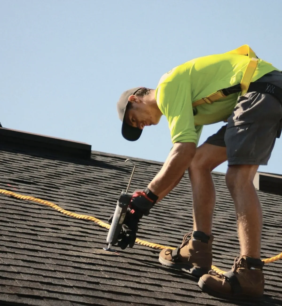 A roofer in a yellow shirt fitting shingles.