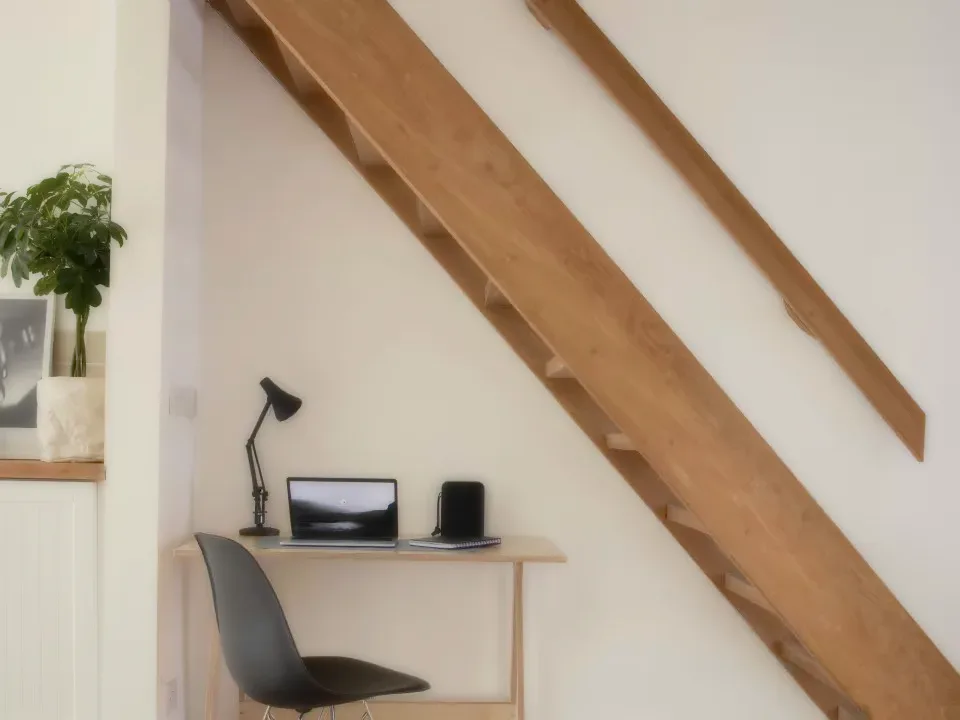 A small desk with a laptop under a wooden staircase.
