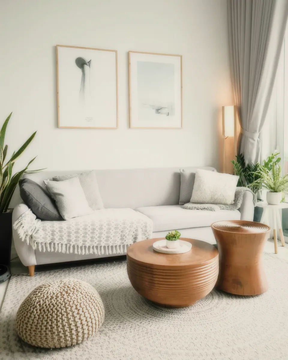 A living room with a light sofa, wooden tables and a knitted pouf.