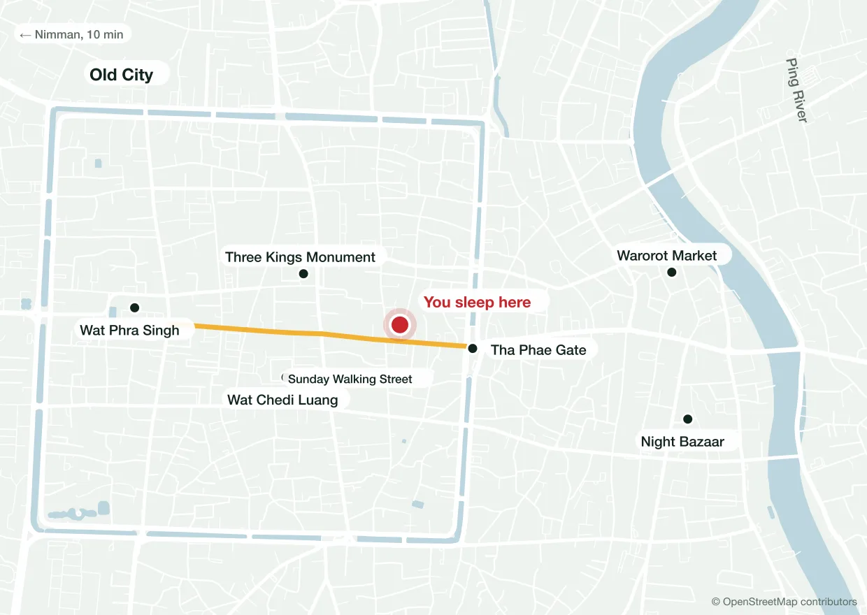 Map of Chiang Mai's Old City: the hostel just inside Tha Phae Gate, the Sunday Walking Street to Wat Phra Singh, Wat Chedi Luang, Warorot Market, the Night Bazaar and the Ping River.