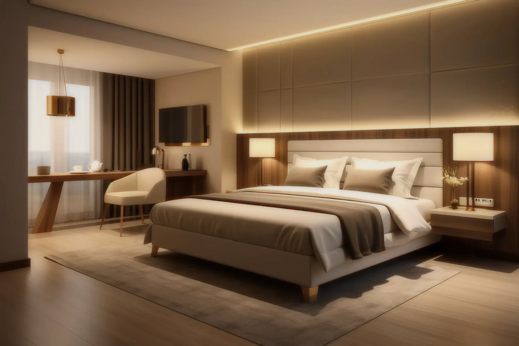 A classic room: bed, desk, warm light.