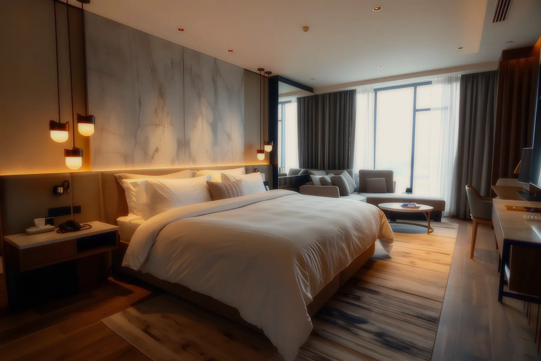 A deluxe room with a sofa and a city window.