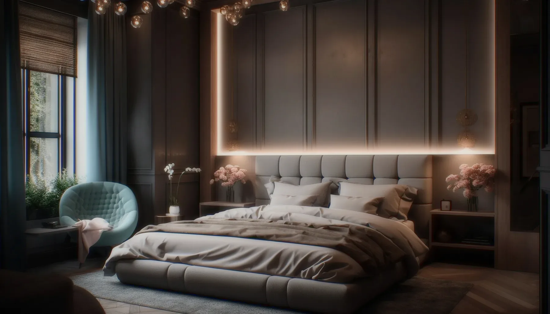 A family room with a large bed and a green armchair.