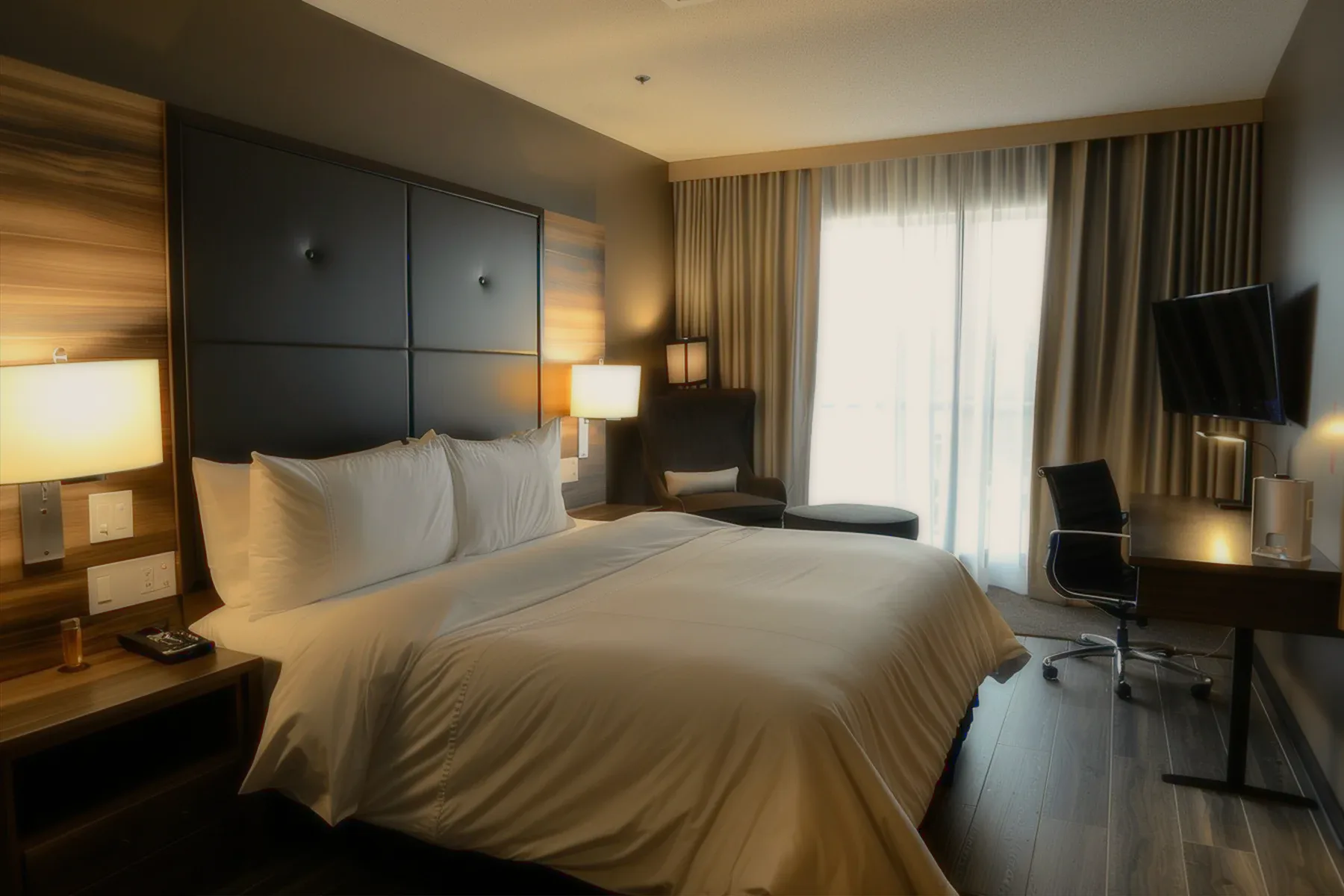 A suite with a padded headboard and a desk.