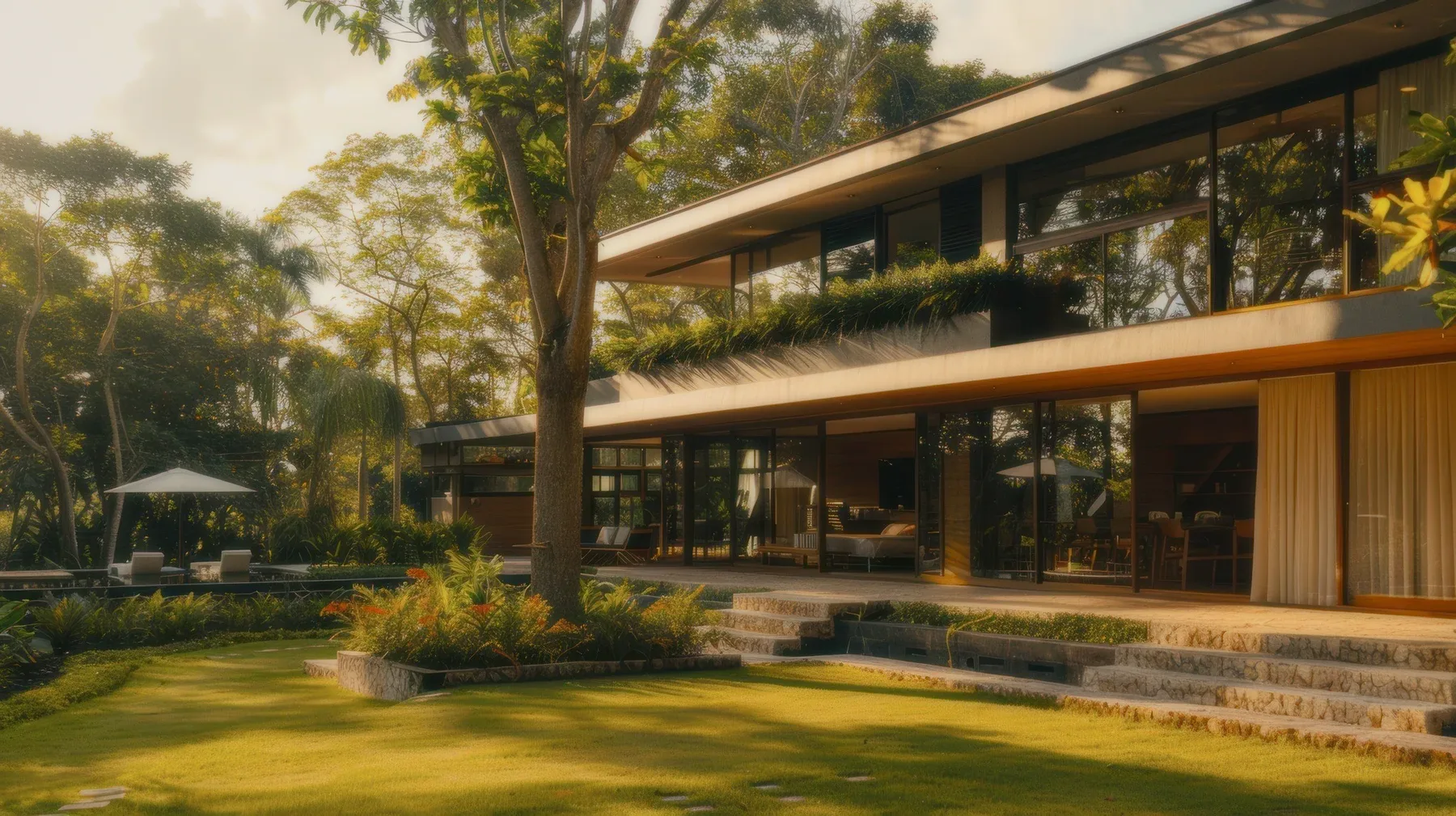 A garden villa seen from the lawn at golden hour.