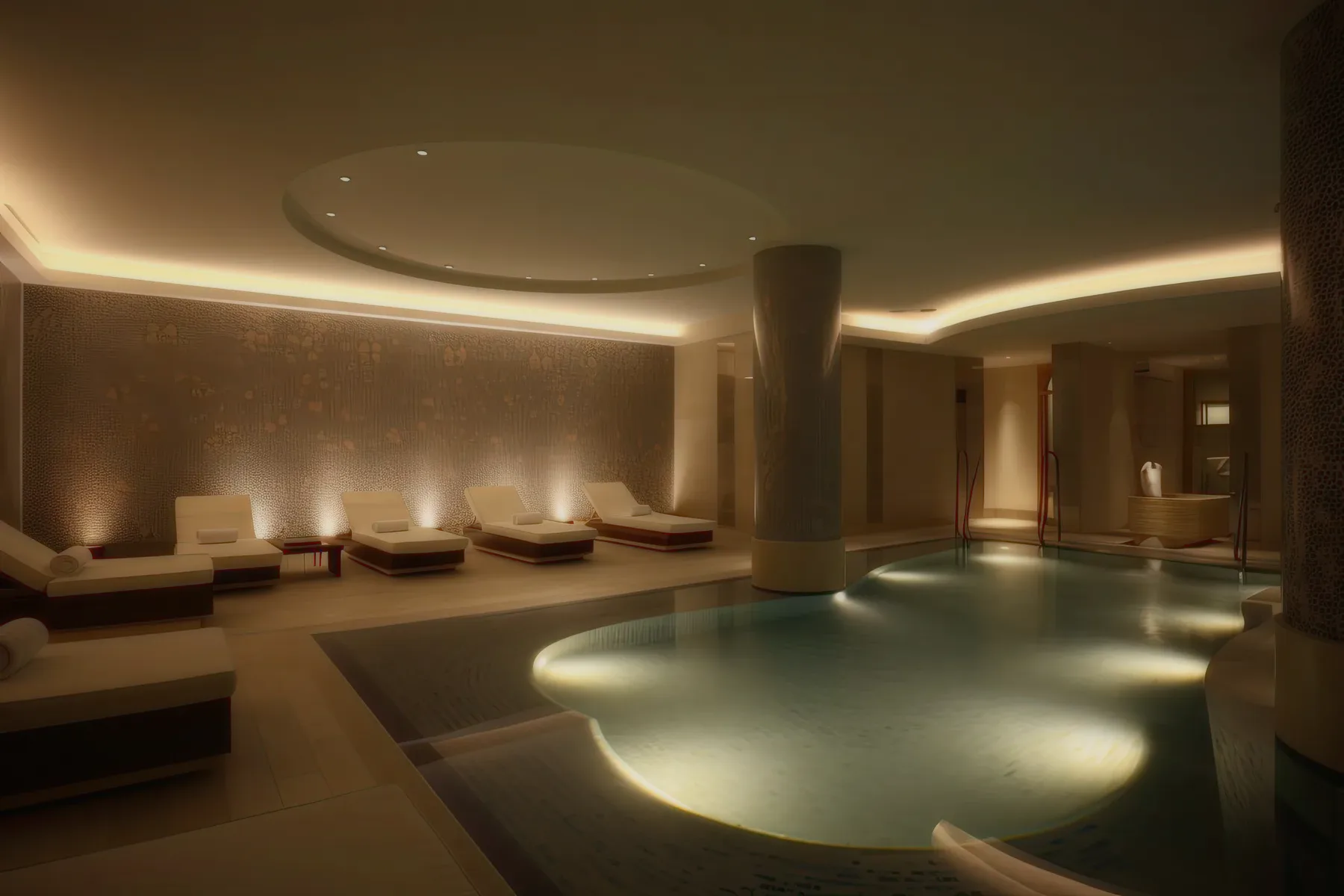 An indoor pool under a lit oval ceiling.