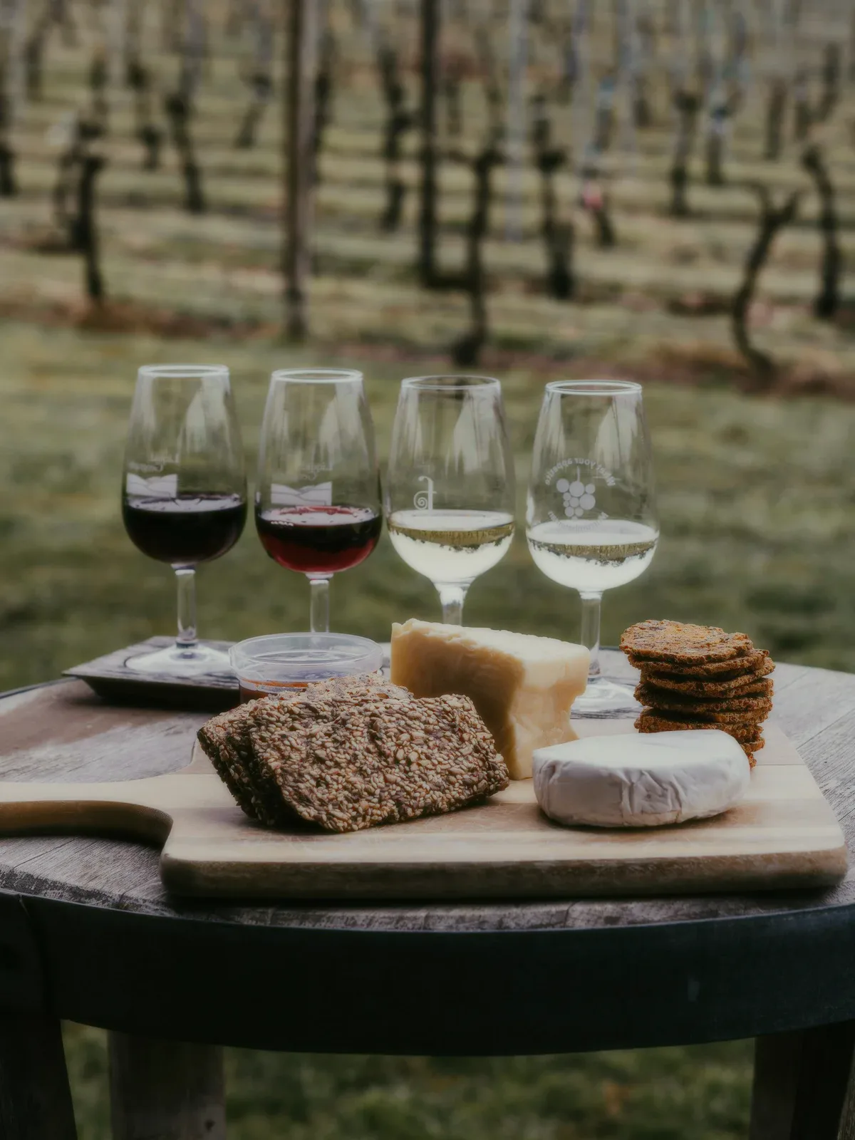Four wine glasses and a cheese board on a vineyard table.