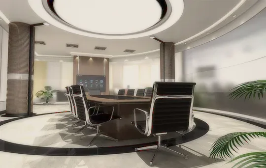 A modern meeting room with a round light.